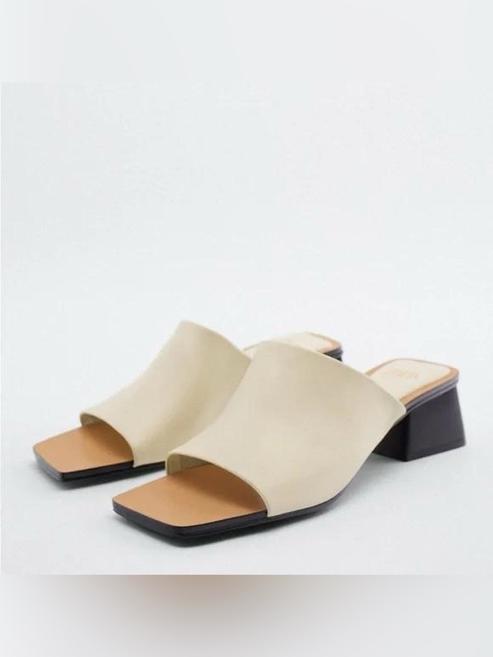 Zara Cream Open-Toe Mule Slides with Low Block Heel